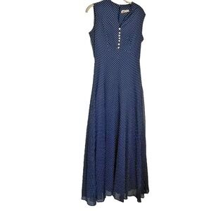 VTG 90s Rockabilly Pearl Polka-Dot Maxi Dress Navy White Retro Pin Up Sz S/M